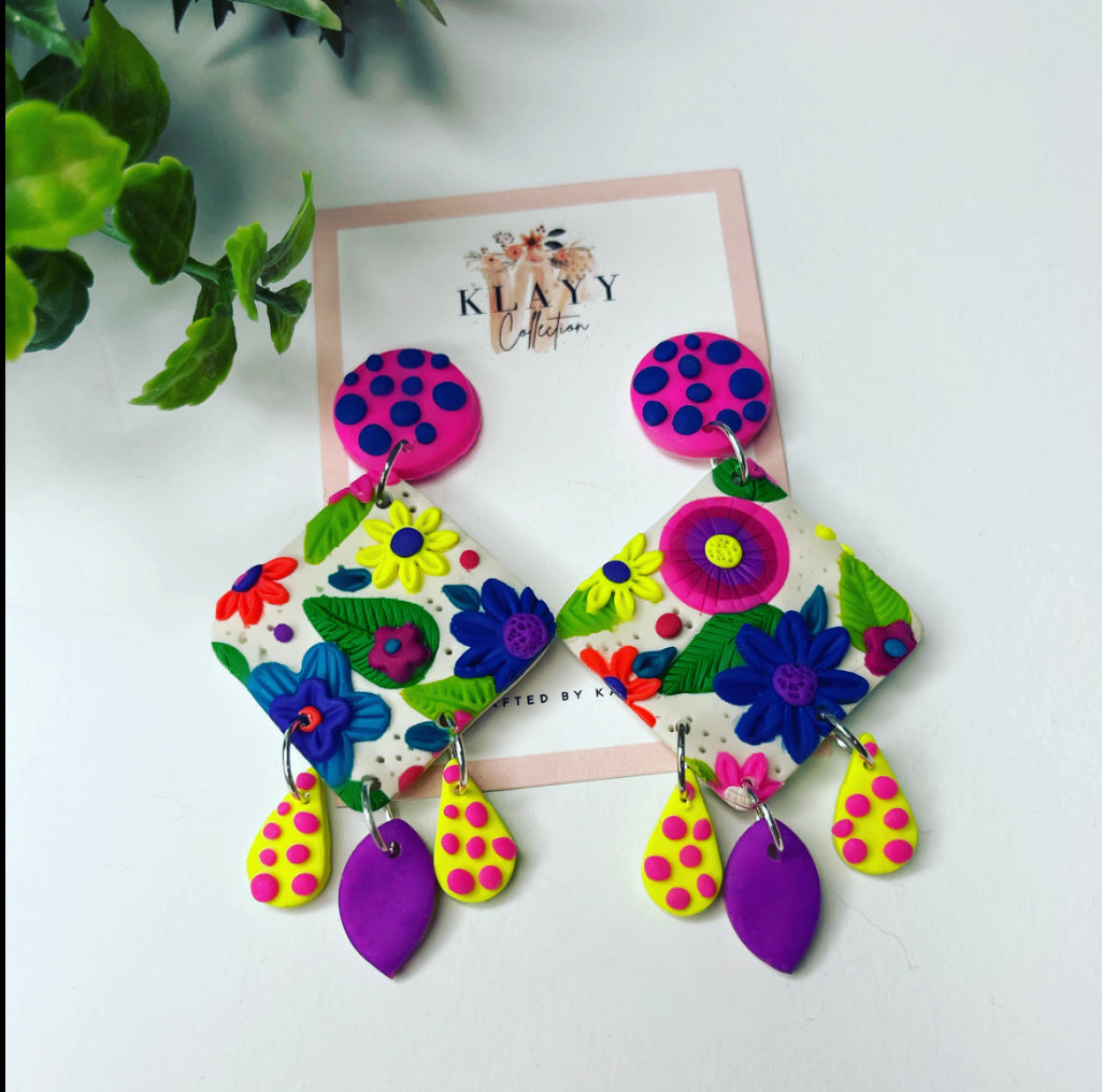 Floral Bright Polymer Clay earrings with spotty dangles
