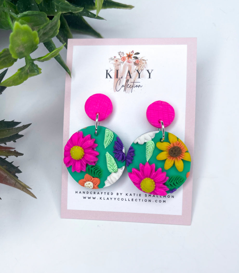 Bright Flower Garden Polymer Clay Earrings Round