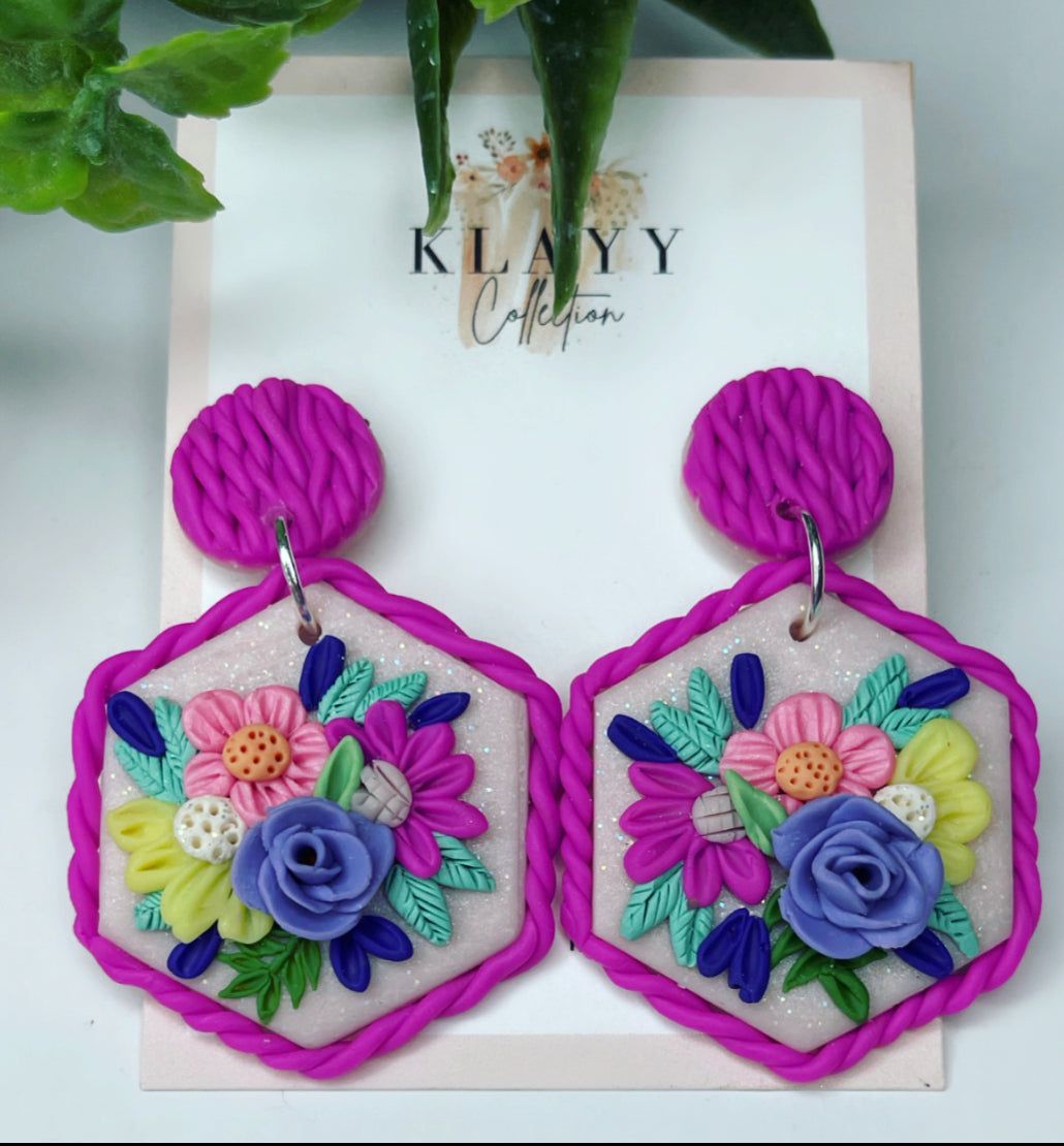 Pink floral Twist Polymer Clay Earrings