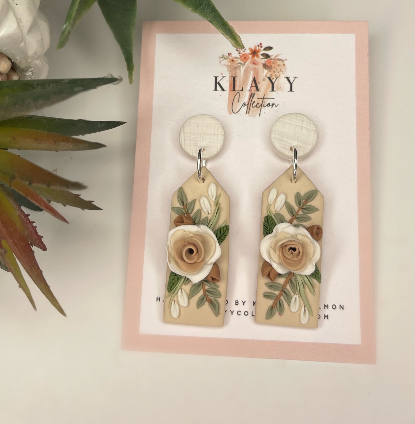 Stunning Occassion Roses In Neutral Polymer Clay Earrings Rectangle