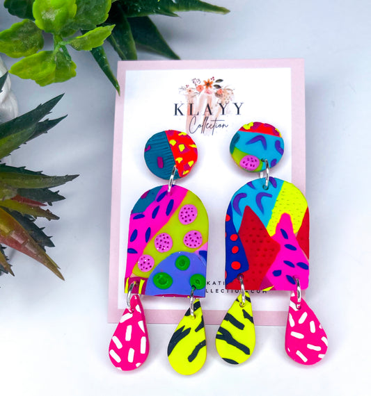 Neon Patchwork Polymer Clay earrings Arch with Dangles