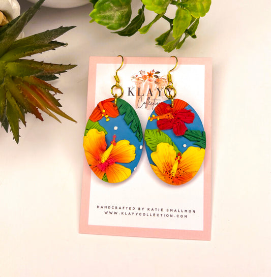 Tropical Flower Polymer Clay Earrings Oval