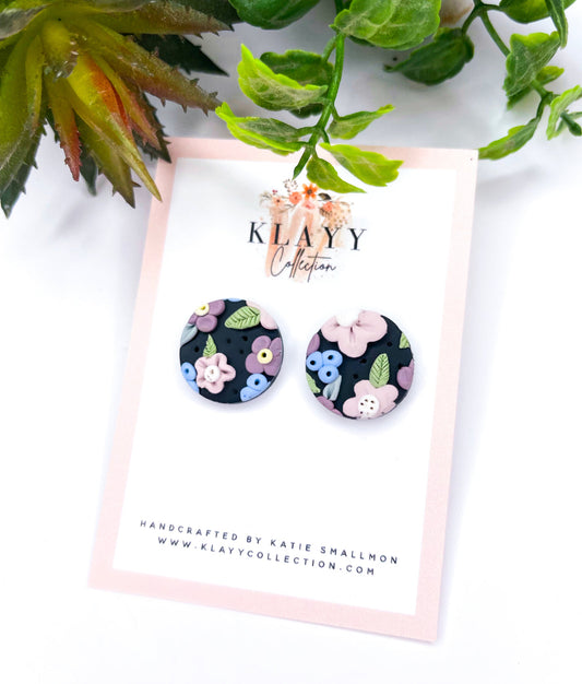 Clip On Black Floral Studs