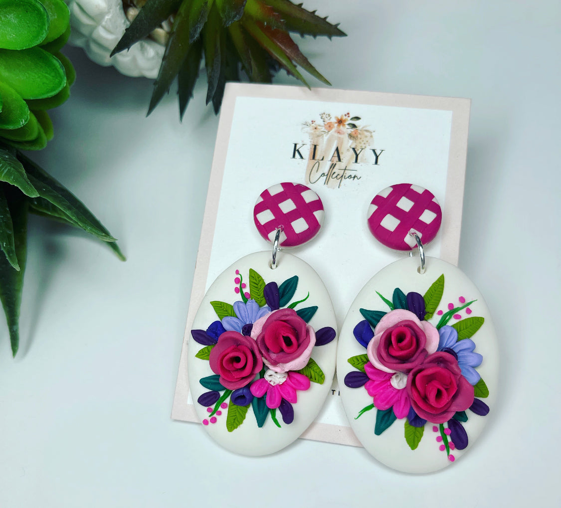 Pink and Purple Floral polymer clay earrings with pink gingham