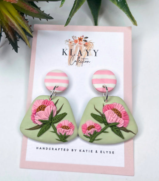 Clip On Mint Green and Pink Shabby Chic Roses with Stripe Stud
