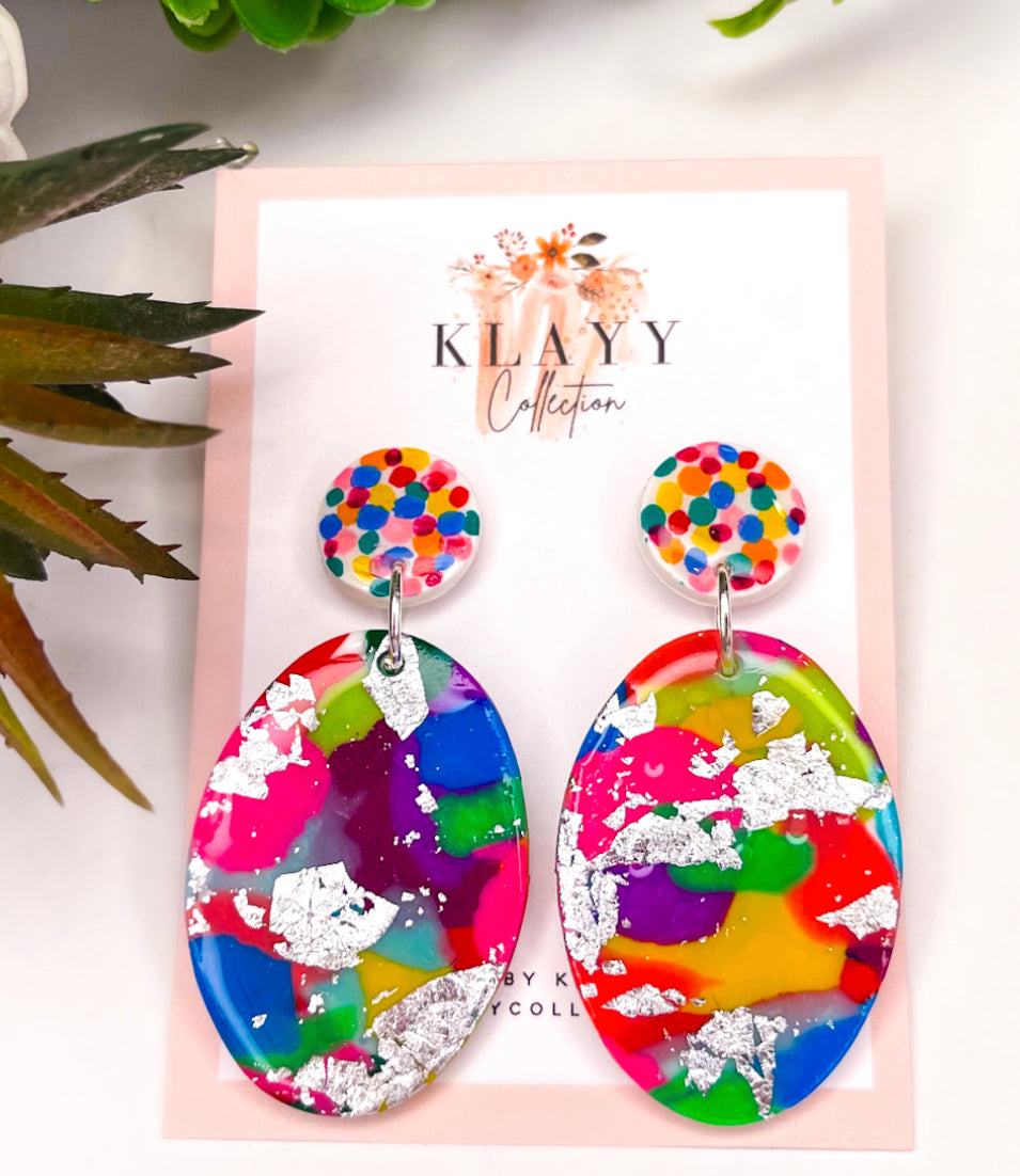 Colour Splash Polymer Clay Earrings With Silver Large Oval