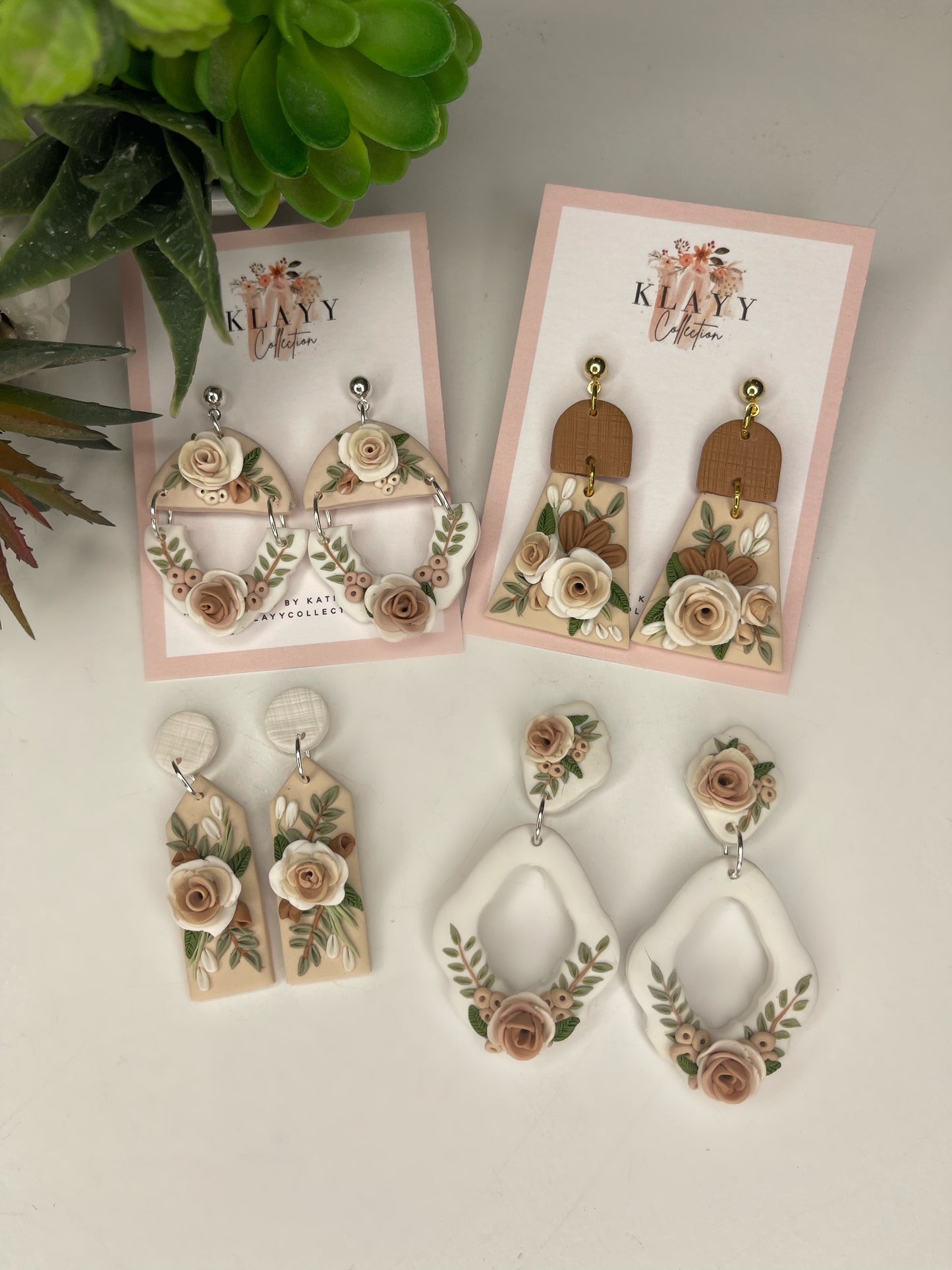 Stunning Occassion Roses In Neutral Polymer Clay Earrings White Large