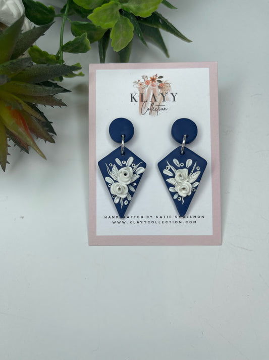 Navy and White Fine China inspired Polymer Clay Earrings