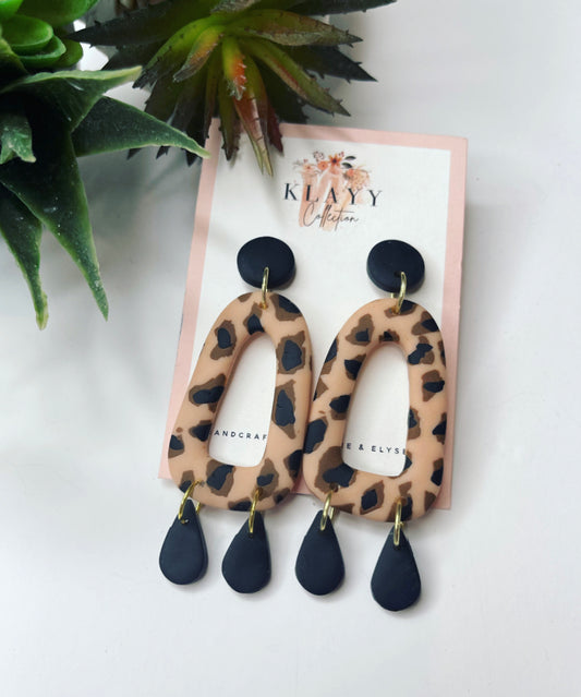 Long loop animal print polymer clay earrings with dangles