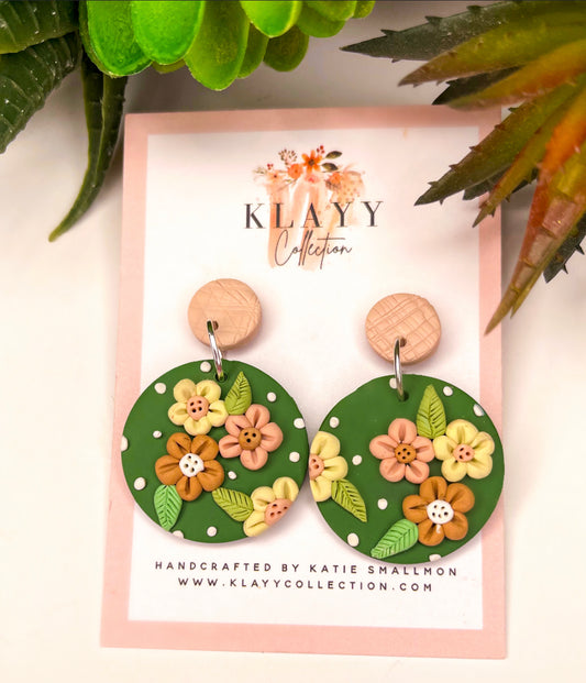 Olive Green Floral Polymer Clay Earrings Round