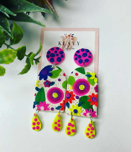 Floral Bright Polymer Clay earrings with spotty dangles large arch