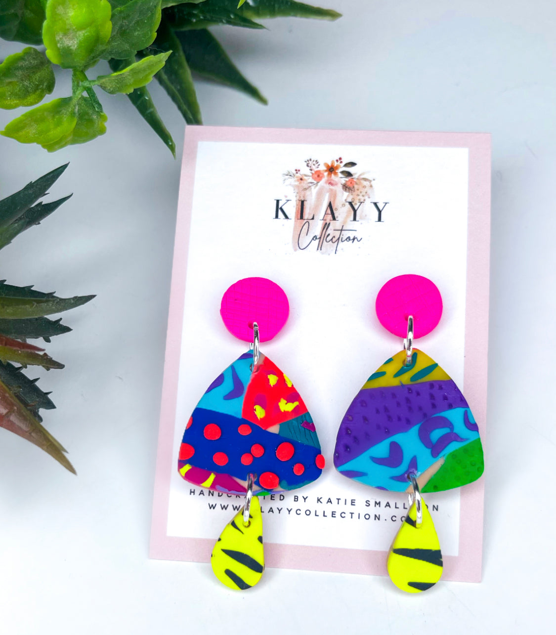 Neon Patchwork Polymer Clay earrings Tri oval