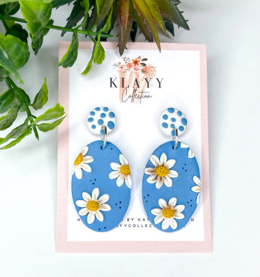 Clip On Denim Blue Daisies Polymer Clay Earrings Oval