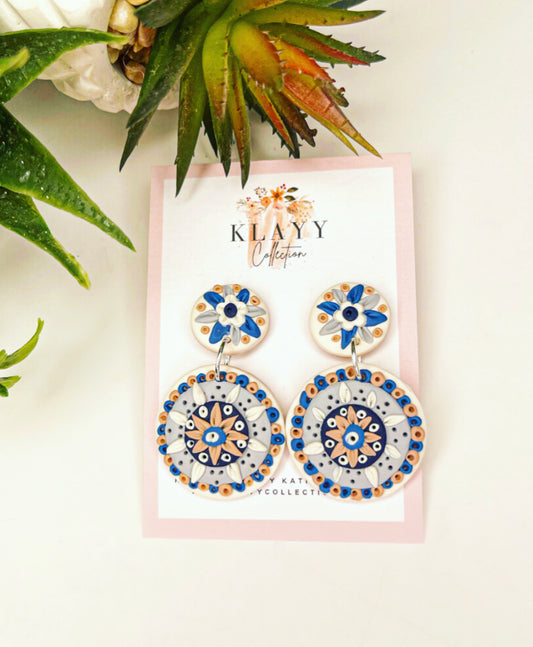 Mosaic Tile Boho Blue Floral Polymer Clay Earrings