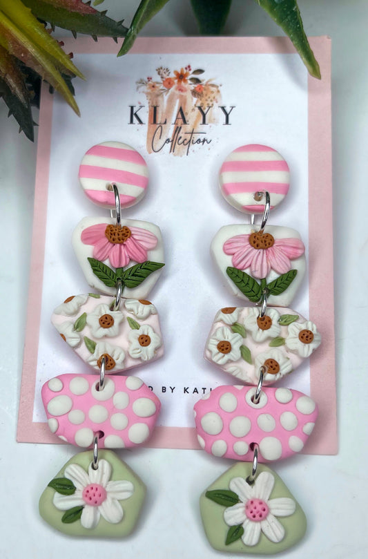 Clip on Shabby Chic Long Dangles with Stripe Stud