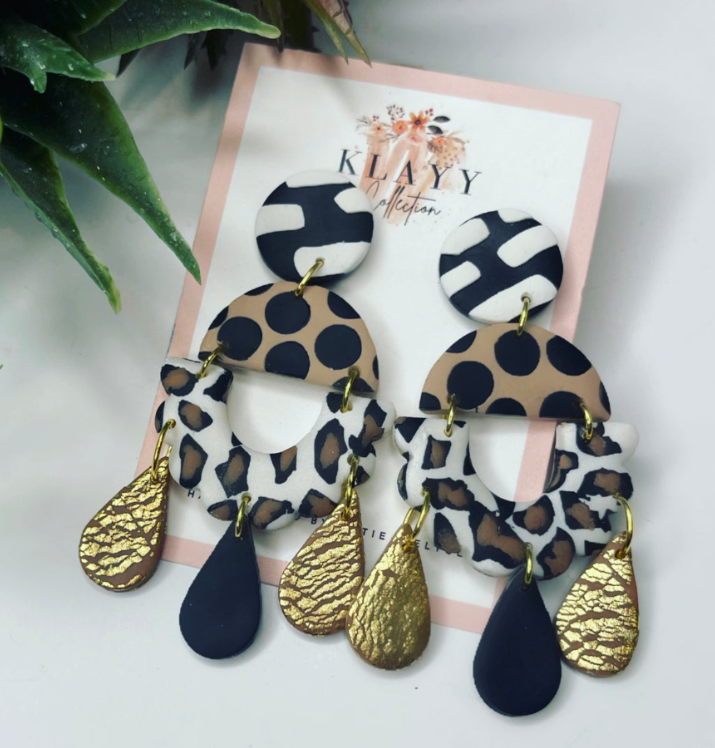 Stripe, animal print and spot polymer clay earrings with gold detail