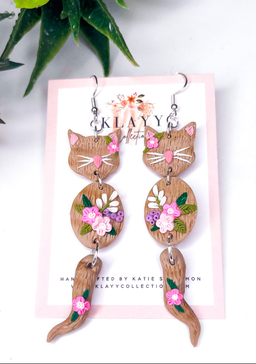 Moving Cat with Roses Polymer Clay Earrings