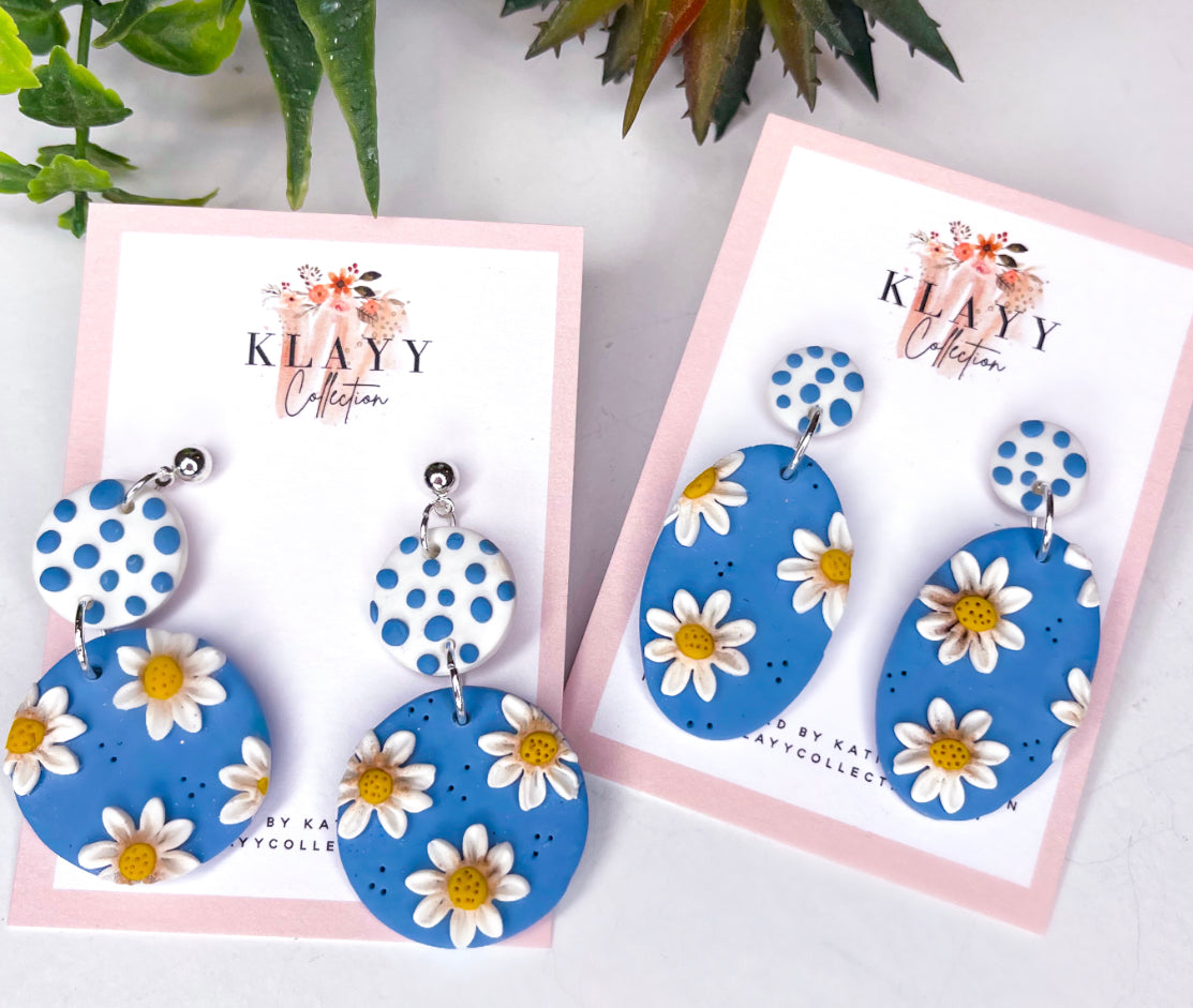 Denim Blue Daisies Polymer Clay Earrings Oval