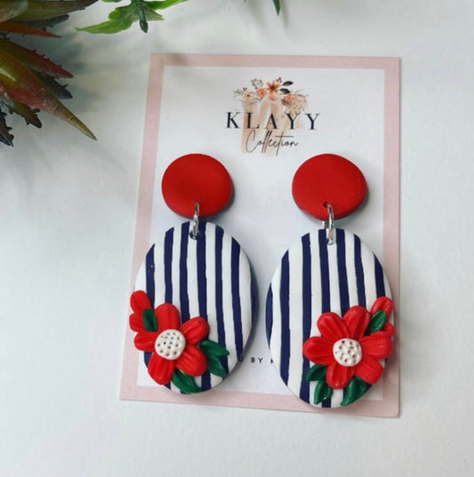 Floral Navy, white and Red Pinstripe Polymer Clay earrings Oval