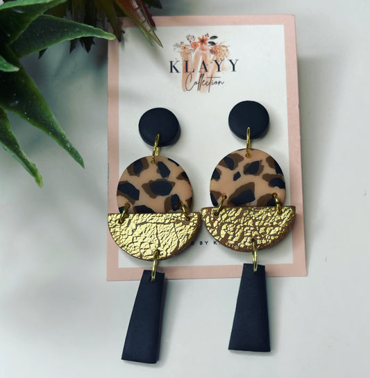 Black, leopard and gold polymer clay earrings with black drop