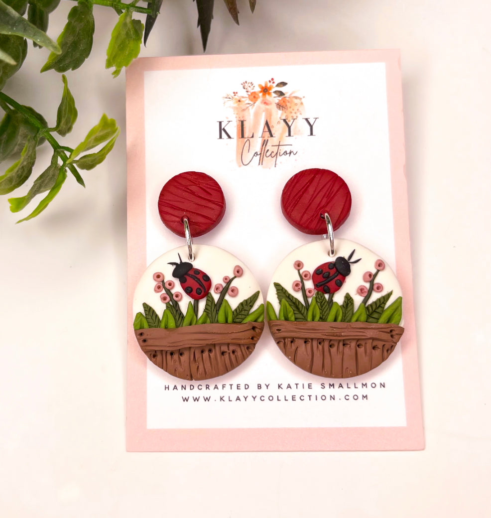 Clip On Lady Beetle Garden Polymer Clay Earrings Round