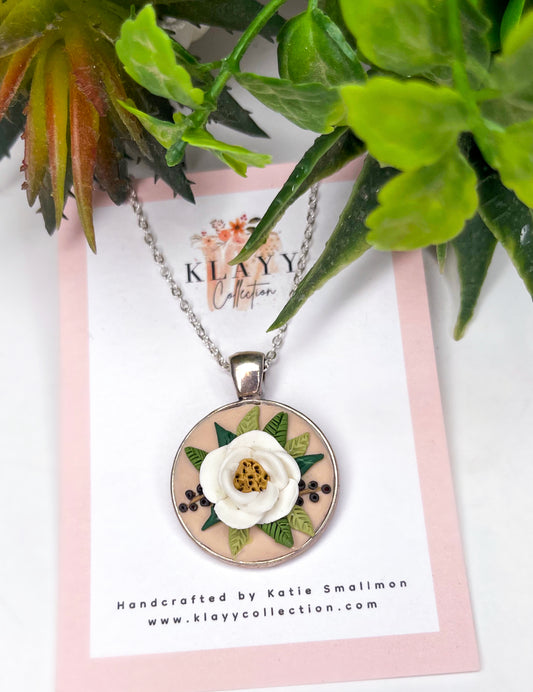 Round Peonie Pendant Silver Frame