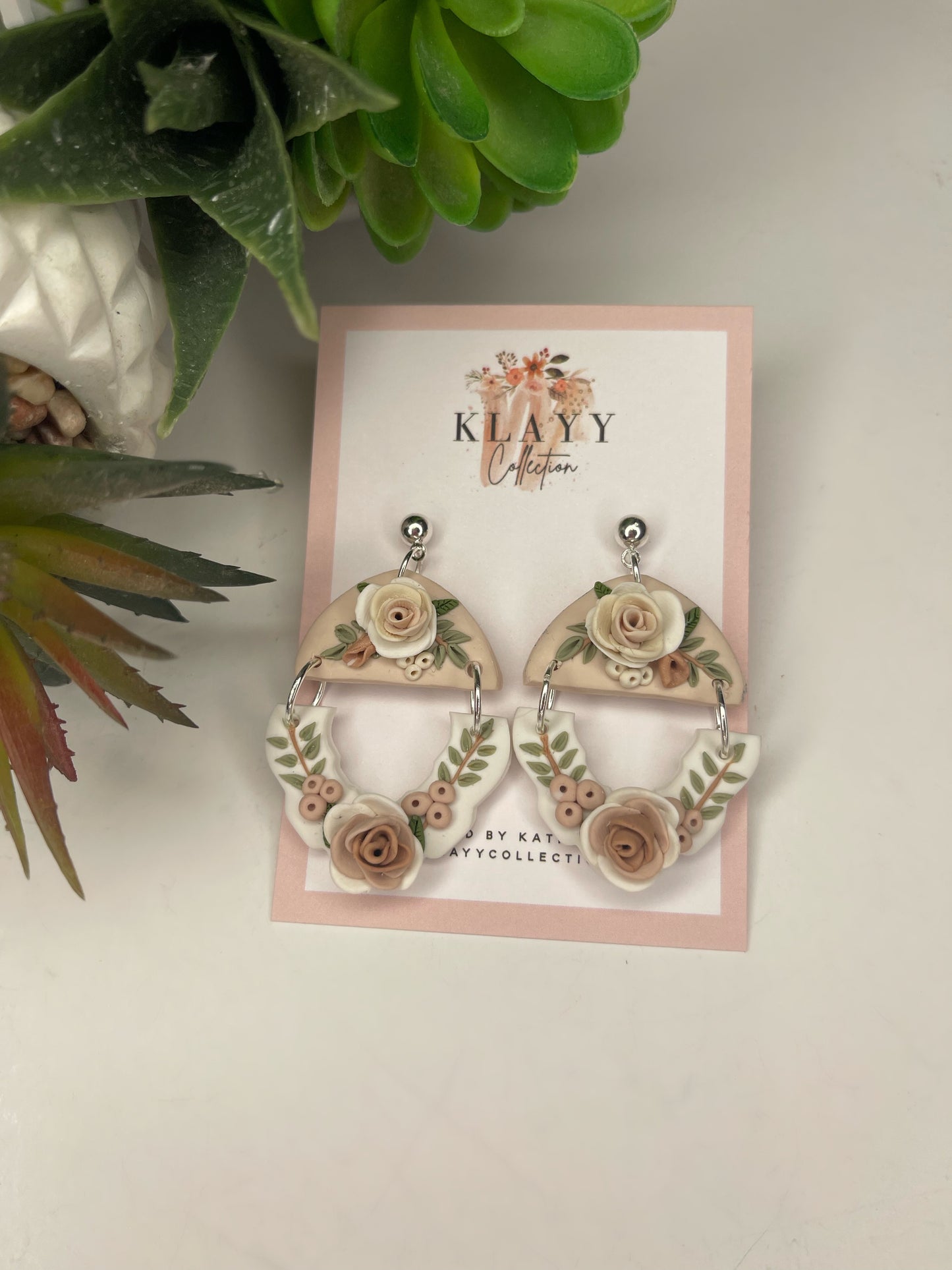Stunning Occassion Roses In Neutral Polymer Clay Earrings