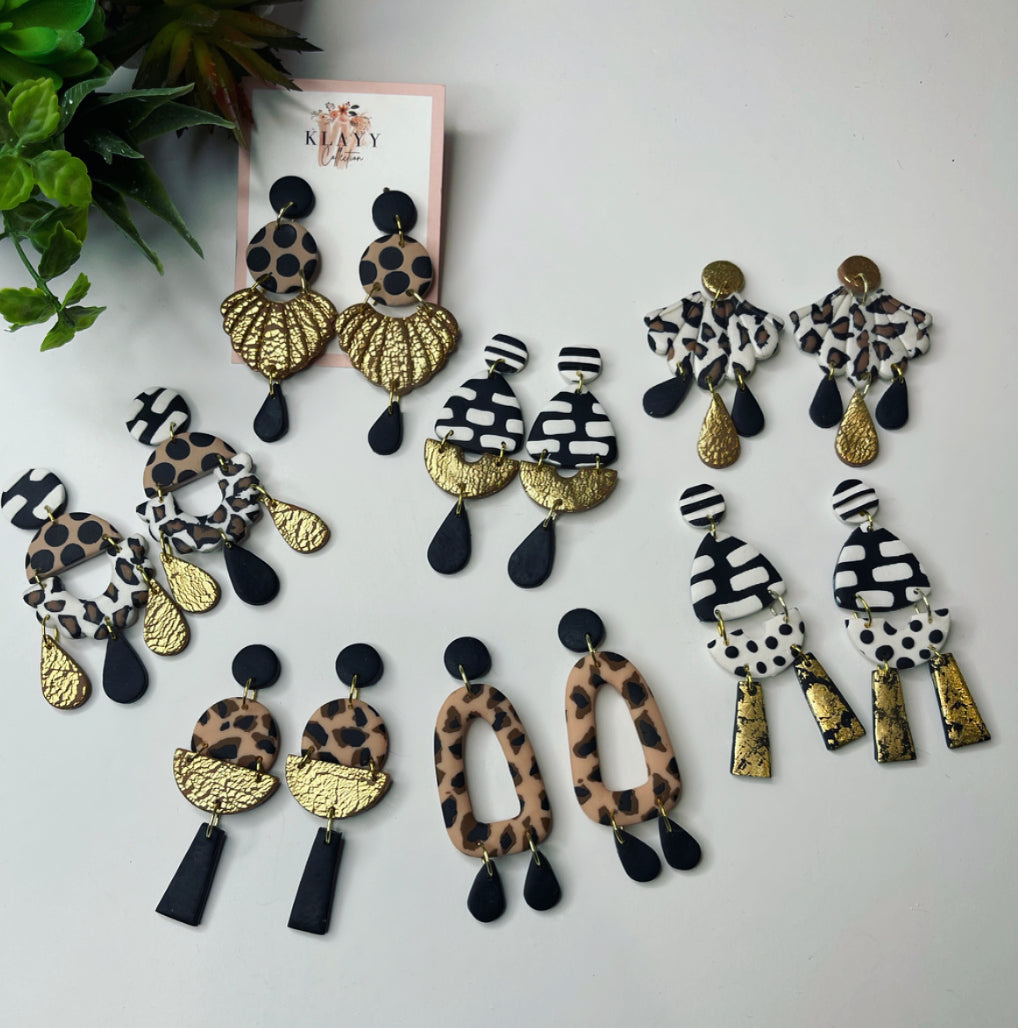 Stripe, animal print and spot polymer clay earrings with gold detail