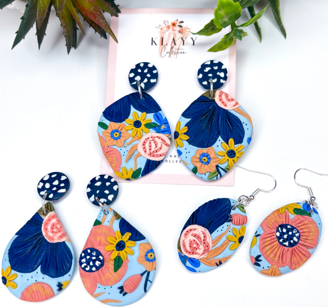 Artistic Floral Pattern Polymer Clay Earrings  Tear Drop with Navy and White Spot Stud