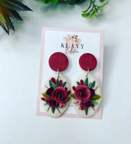 Clip On Red Roses Bouquet polymer clay earrings