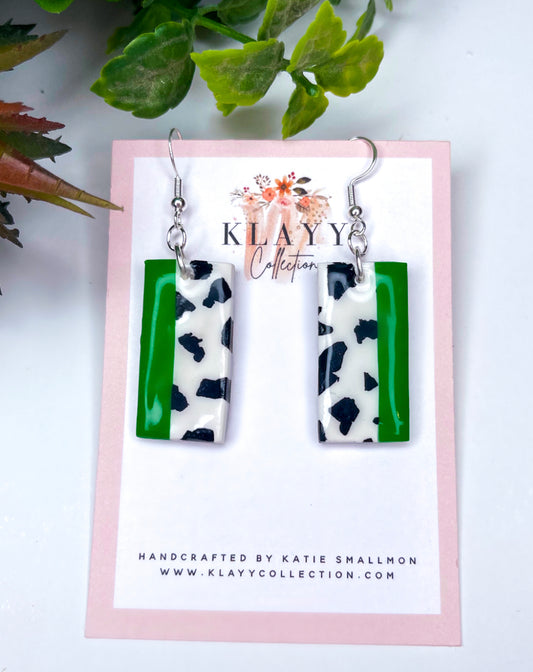 Green Rectangle Leopard and Neon Pop Polymer Clay Earrings