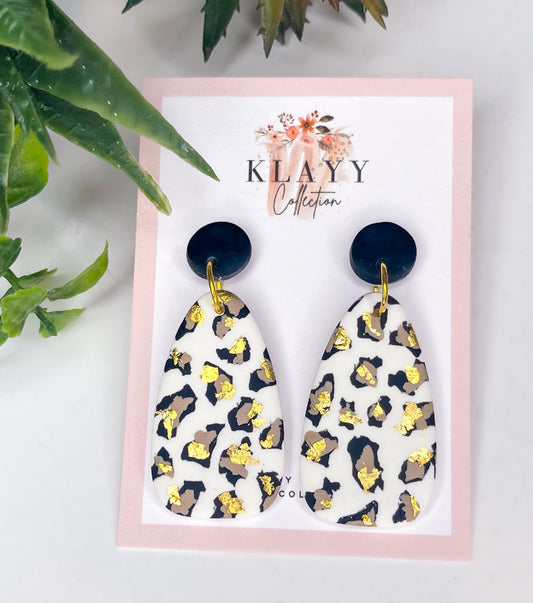Leopard Print Long Dangle with Gold  Polymer Clay Earrings