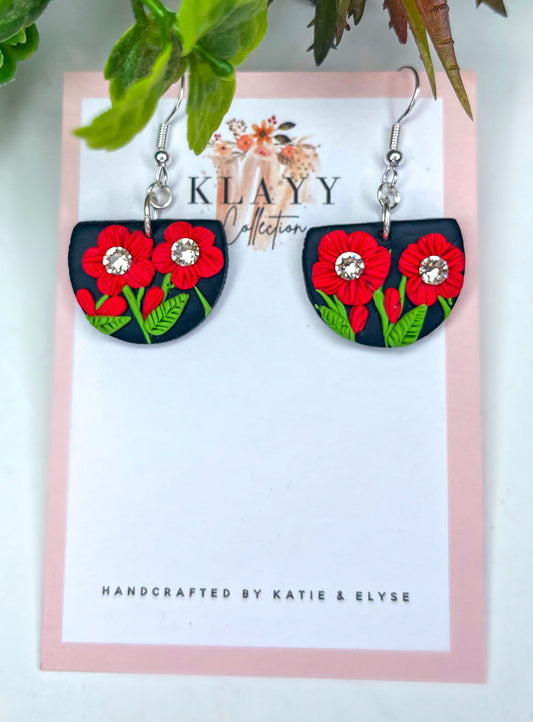 Black with Red Poppy’s and Genuine Crystals Petite Half Round